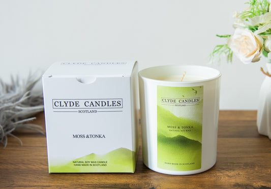 Moss & Tonka Gift Box Candle - Large Glass Clyde Candles, luxury vegan candles, scottish made gifts