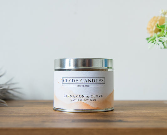 Cinnamon & Clove Scented Candle Tin Natural Soy wax, Scottish Candles, Clyde Candles