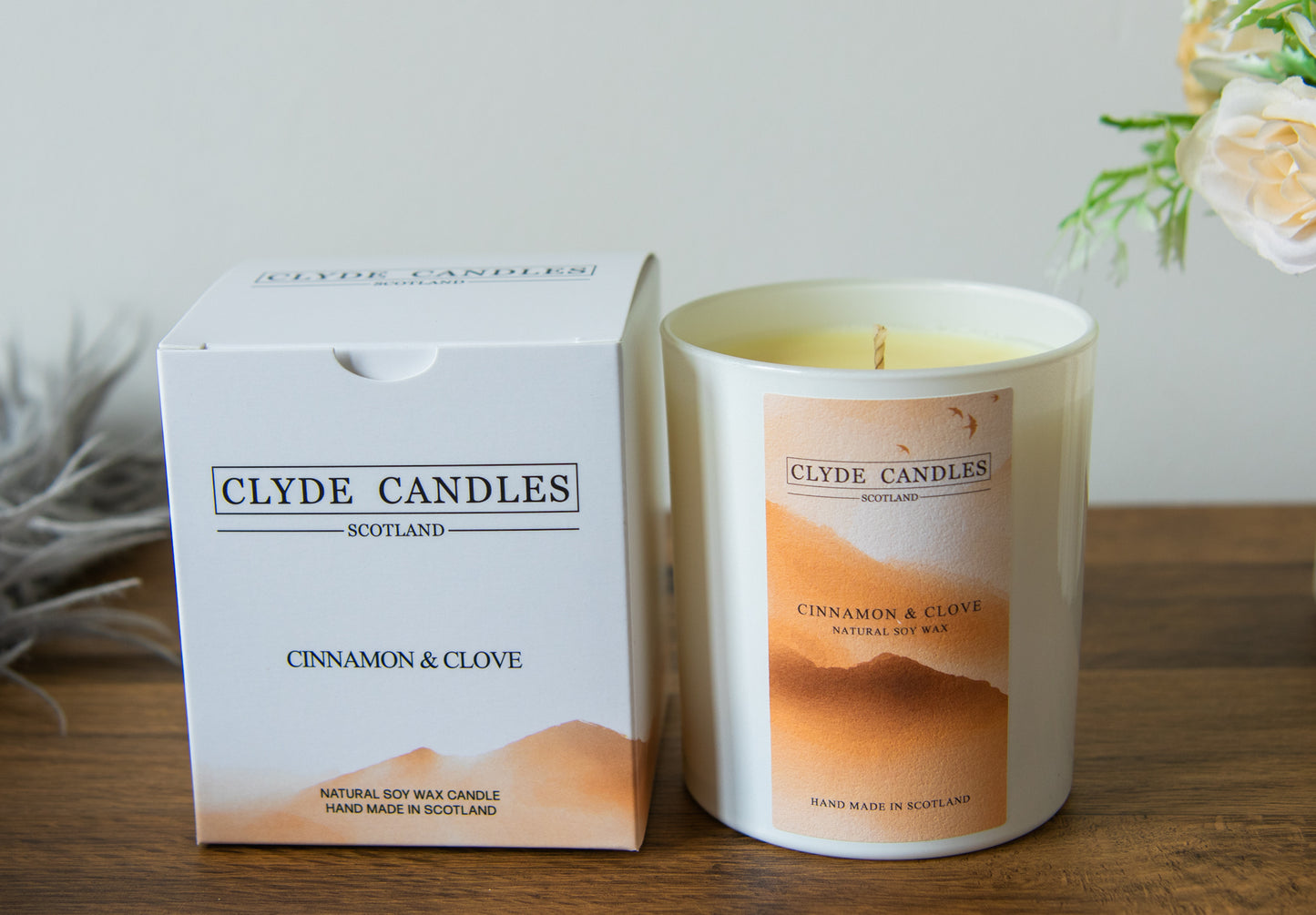 Cinnamon & Clove Gift Box Candle - Large Glass Natural Soy wax, Scottish Candles, Clyde Candles