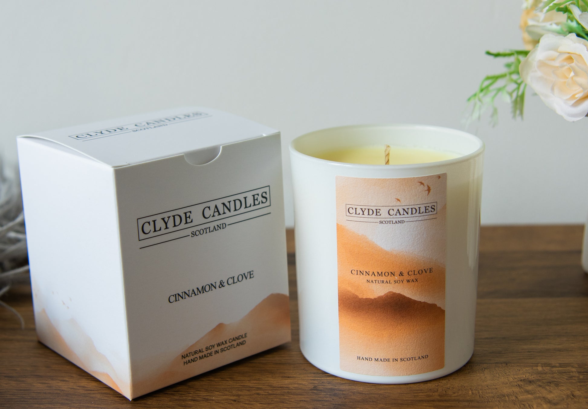 Cinnamon & Clove Gift Box Candle - Large Glass Natural Soy wax, Scottish Candles, Clyde Candles