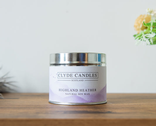 Highland Heather Candle Tin, Natural Soy wax, Scottish Candles, Clyde Candles, vegan friendly candle