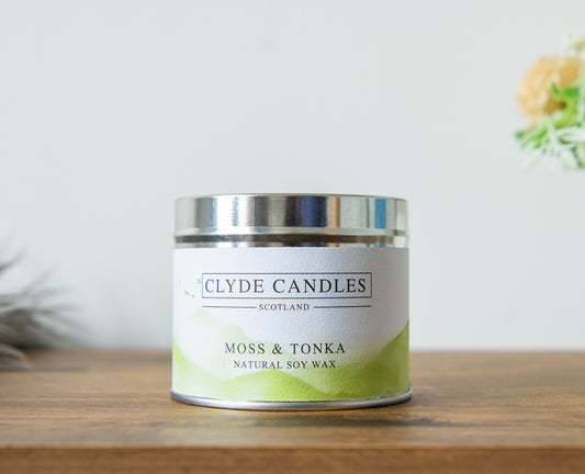 moss and tonka Candle Tin, Natural soy wax, Scottish Luxury Gift Candles, Clyde Candles