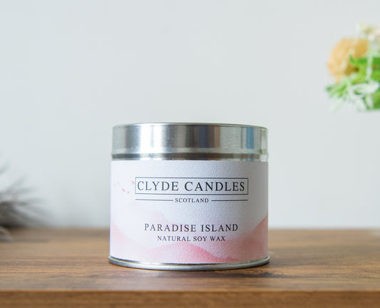 Paradise Island Candle Tin, Natural soy wax candle, vegan scottish gifts, brittish made