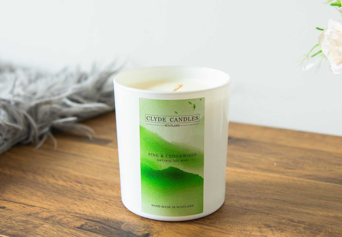 pine and cedarwood natural soy candle, christmas tree candle, clyde candles scottish hand mad gifts