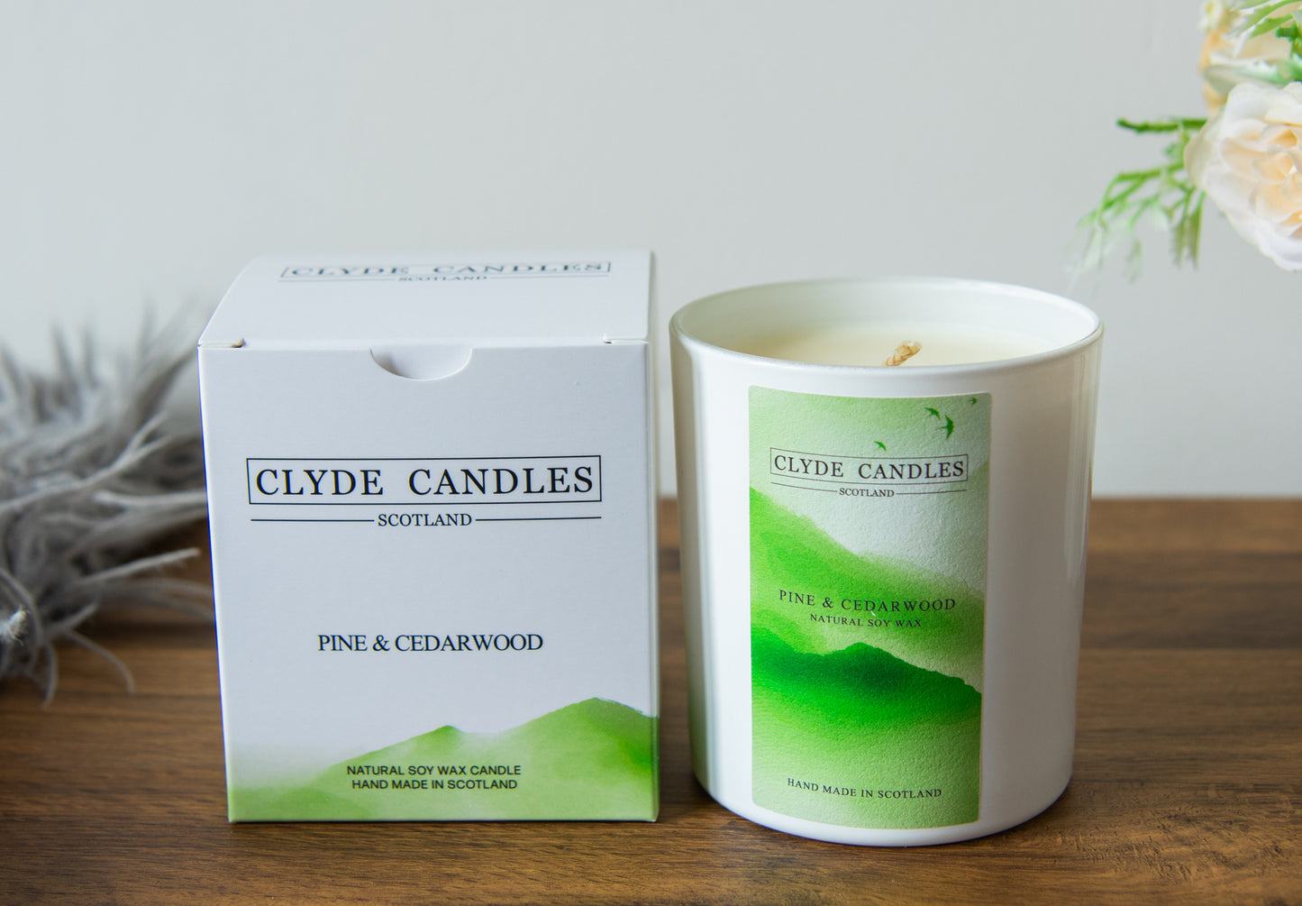 pine and cedarwood natural soy candle, christmas tree candle, clyde candles scottish hand mad gifts